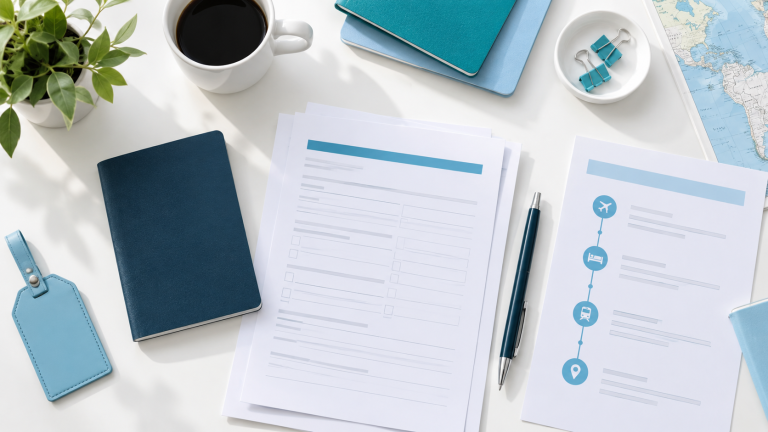 Travel documents and application papers arranged on a bright desk